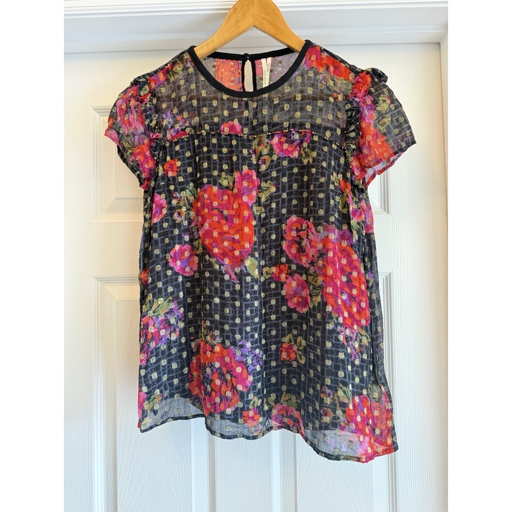 Anthropologie Blouse Women 0 Black Floral Metallic Ruffle Sleeve Boho Top